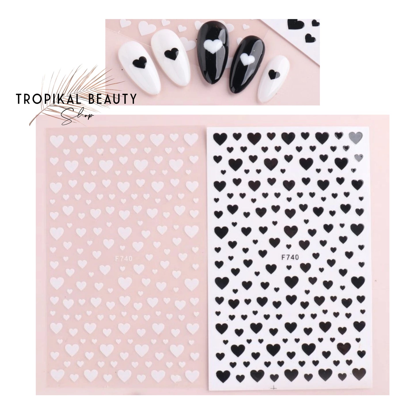 2 sheets b/w hearts nail art stickers